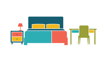 Simplified bedroom illustration featuring a bed nightstand and chair