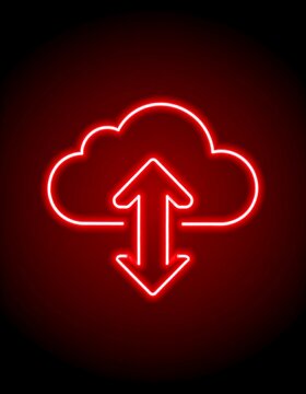 A vibrant neon sign features a cloud symbol with an up and down arrow, set against a dark background. The glow is striking
