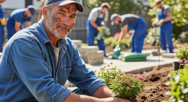 Experienced landscaper smiling while working on a garden project with a team of professionals in the background.