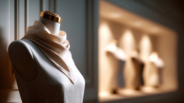 Close-up of a mannequin dressed in a white ribbed top and beige scarf with blurred mannequins in warm-lit display background
