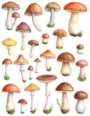 A vibrant illustration showcasing an array of meticulously rendered mushrooms in diverse shapes and colors, set against a plain white background