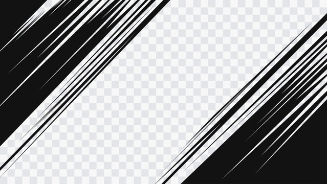 Dynamic black diagonal speed lines on transparent background. Abstract motion effect for comic style design, action scenes, banners and modern graphic layouts.