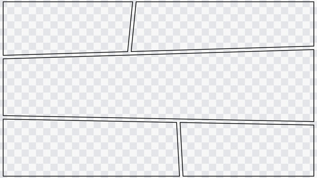 Comic page template with rectangular panels arranged in dynamic composition. Blank manga layout for storytelling, webtoon and graphic novel projects.