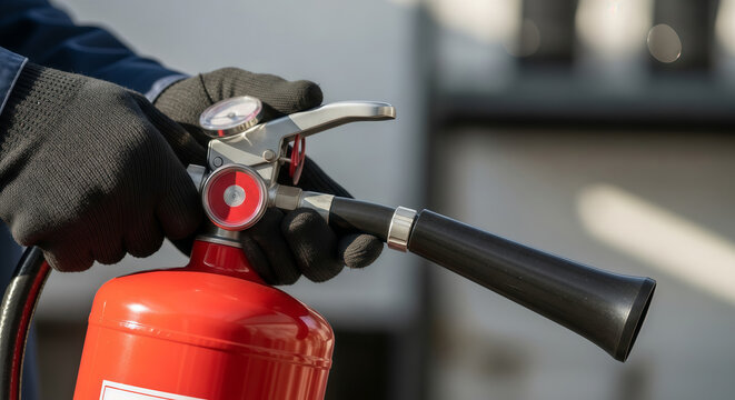 Close-up of firefighter hands holding red fire extinguisher nozzle  