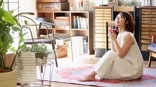 ラグに座りコーヒーを飲むワンピースの女性