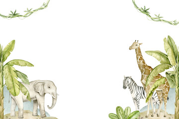 Watercolor safari frame with giraffe, elephant, zebra and tropical palms. African wildlife border layout for nursery wall art, poster print, textile design and jungle themed projects. © Evgeniia