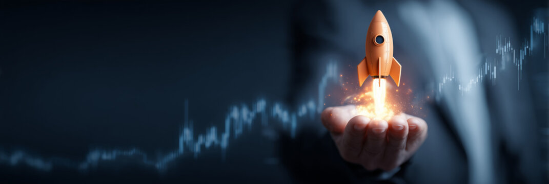 3D Rocket Launching from Businessman Hand over Growing Stock Market Financial Chart