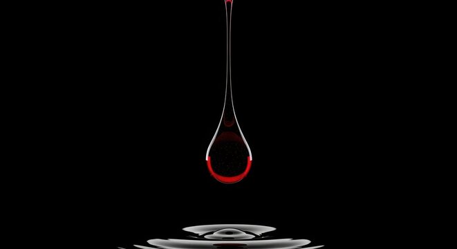 Single red liquid droplet falling into a pool creating ripples on a black background with dramatic lighting effects.
