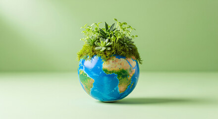 Planet earth on green background green continents made from tree crown clear azure water ecological survival concept.