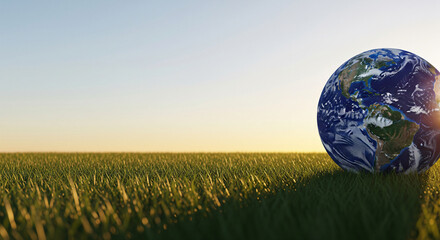 A globe with a map of the world on it, placed on a lush green grassy field with sunlight filtering through the trees.