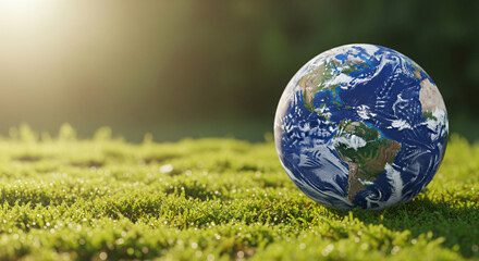 A globe with a map of the world on it, placed on a lush green grassy field with sunlight filtering through the trees.