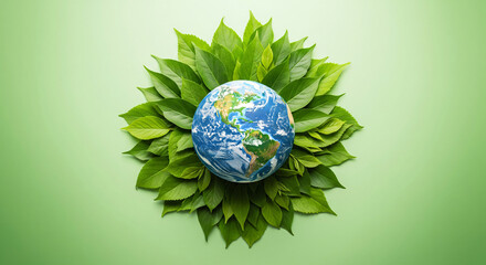 A world with a world map on it, resting on lush green leaves bathed in sunlight filtering through the trees.