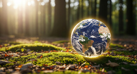 A globe with a map of the world on it, placed on a lush green grassy field with sunlight filtering through the trees.