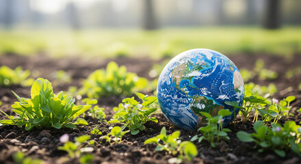 A globe with a map of the world on it, placed on a lush green grassy field with sunlight filtering through the trees.