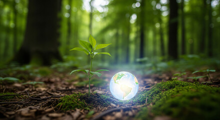 Crystal clear glass sphere reflecting lush green mossy ground with sunlight filtering through leaves.