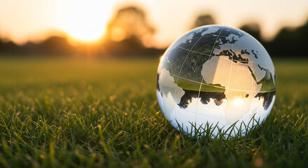 Crystal clear glass sphere reflecting lush green mossy ground with sunlight filtering through leaves.