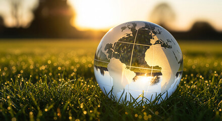 Crystal clear glass sphere reflecting lush green mossy ground with sunlight filtering through leaves.