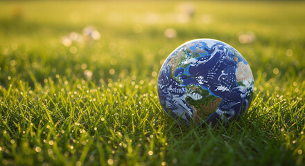 A globe with a map of the world on it, placed on a lush green grassy field with sunlight filtering through the trees.