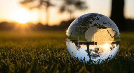 Crystal clear glass sphere reflecting lush green mossy ground with sunlight filtering through leaves.