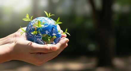 Hands holding Earth globe with green sprout on top. Eco-friendly concept, environmental protection, Earth day. Green planet, save world, sustainable life. Reduce CO2 emissions, global warming