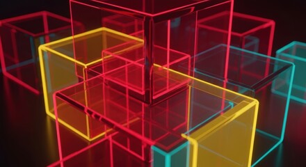 Neon-lit translucent cubes overlap, creating geometric abstract art