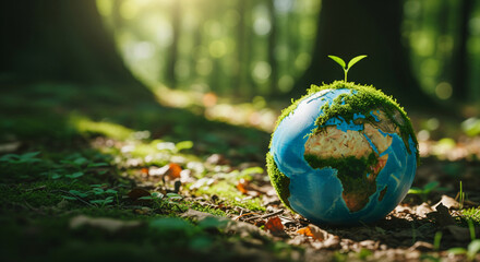 Green earth globe on soil with sunlight and green leaf banner design for world environment day concept with copy space area for text.