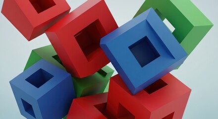 Colorful, geometric floating cubes with square cutouts against a light background