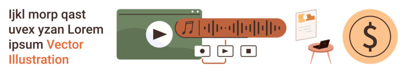 Media systems, audio editing, digital technology, online payment, content creation, financial tools. Play button, soundwave bar icons coin symbol. Media systems and audio editing concept