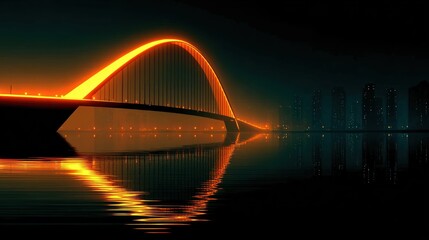 Glowing bridge arching over water at night with city silhouette
