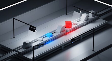 Production line with colorful objects moving along a conveyor belt, lit