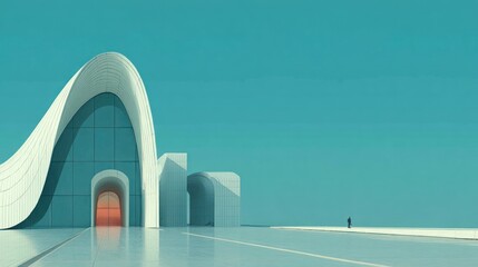 Modern, white building with wave-like design against a clear turquoise sky