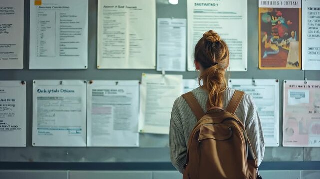 Back View of Female University Student with Backpack Looking at Information Board in Campus Hallway