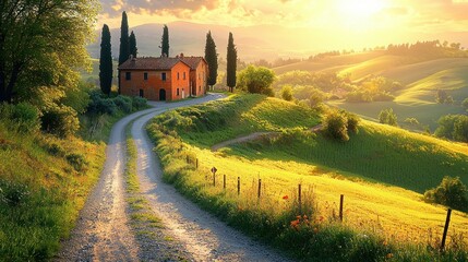 Sunlit Tuscan farmhouse at the end of a winding dirt road