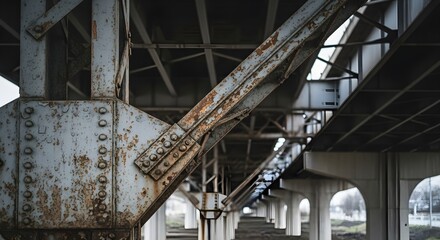Industrial staircase with rusty metal beams and worn concrete structure in an old building with natural light