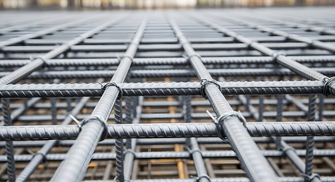 Reinforced steel bars casting shadows in a construction site, close-up view with sharp detail and smooth bokeh