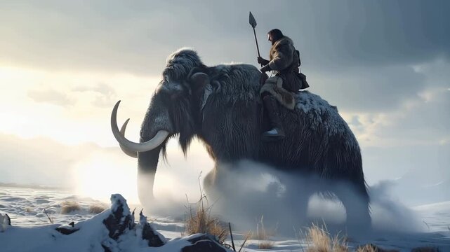 Prehistoric Hunter Riding a Woolly Mammoth Across Snowy Arctic Tundra During Ice Age