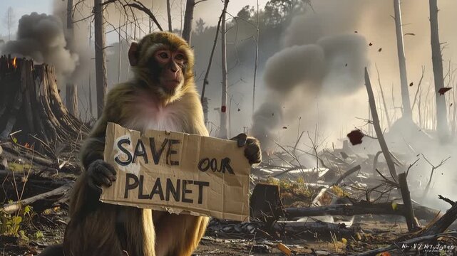 Macaque Monkey Holding Save Our Planet Cardboard Sign in Deforested and Smoking Jungle