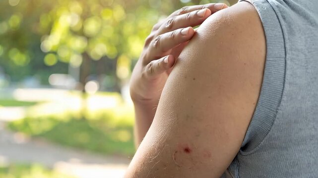 Close Up of Human Hand Scratching Red Inflamed Insect Bite or Skin Rash on Arm