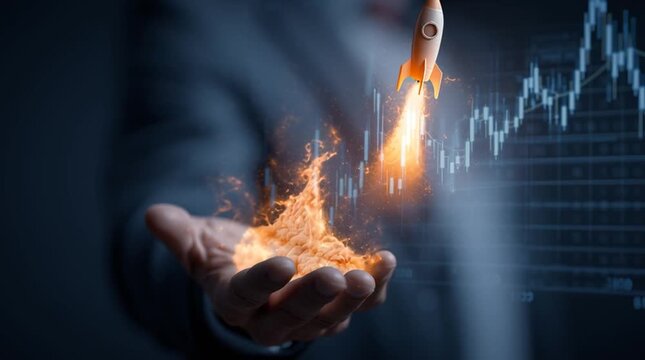 3D Rocket Launching from Businessman Hand over Growing Stock Market Financial Chart