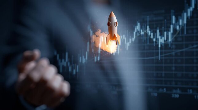 3D Rocket Launching from Businessman Hand over Growing Stock Market Financial Chart