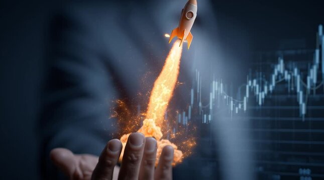 3D Rocket Launching from Businessman Hand over Growing Stock Market Financial Chart