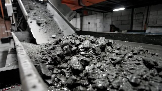 Close Up of Raw Coal Ore Moving on Industrial Rubber Conveyor Belt in Dark Processing Plant