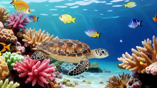 Vibrant Underwater Coral Reef Scene With Sea Turtle.