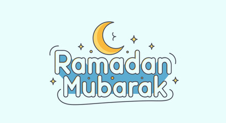 Fototapeta premium A cheerful Ramadan Mubarak greeting illustration featuring stylized text, a golden crescent moon, and sparkling stars on a light blue background, symbolizing the Islamic holy month.