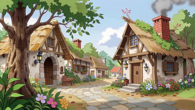 Whimsical Cartoon Village Scene with Cottages and Garden Path.