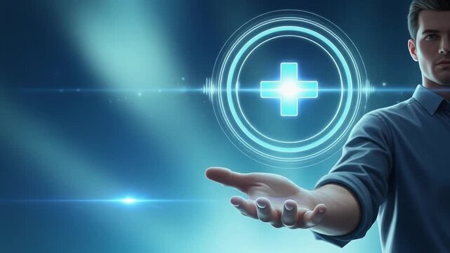Digital Health Innovation Man Presenting Futuristic Medical Technology with Glowing Plus Sign.