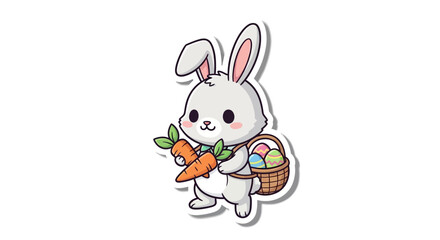 Obraz premium Cute cartoon white Easter bunny holding carrots and carrying a basket of colorful eggs, perfect for spring and holiday themes.