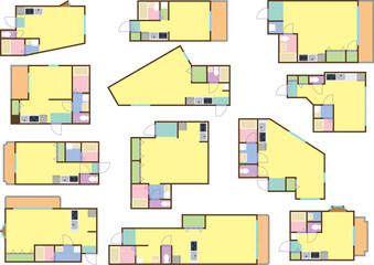 色々なワンルームの間取り図のイメージセット