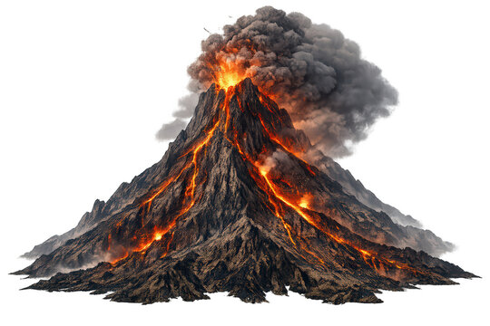 Active volcano erupting with glowing lava flowing down rocky slopes, dark smoke rising, transparent background