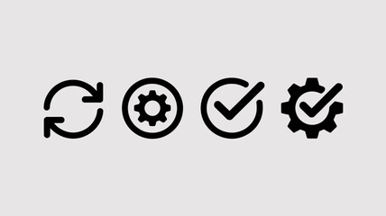 A sequence of four distinct black icons are displayed against a light gray background representing concepts like process and settings high quality professional detailed modern elegant © Raian